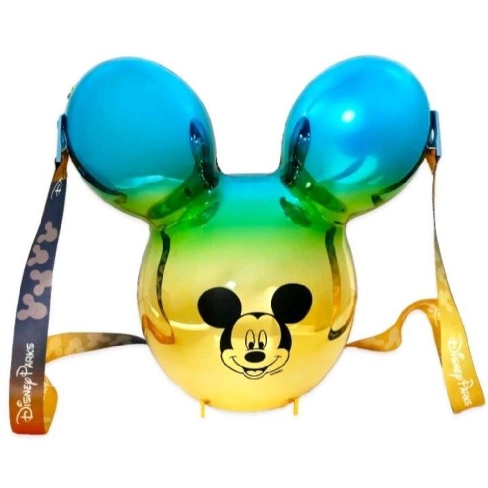Disney Parks Mickey Balloon Popcorn Bucket Blue Green and Gold Sunrise Metallic